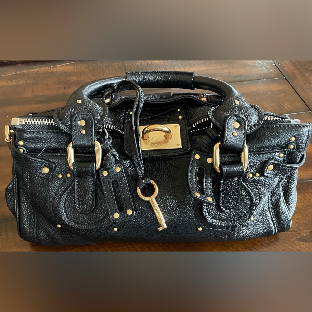 Authentic Chloé Black Leather Shoulder Bag Gold Hardware Tote Handbag